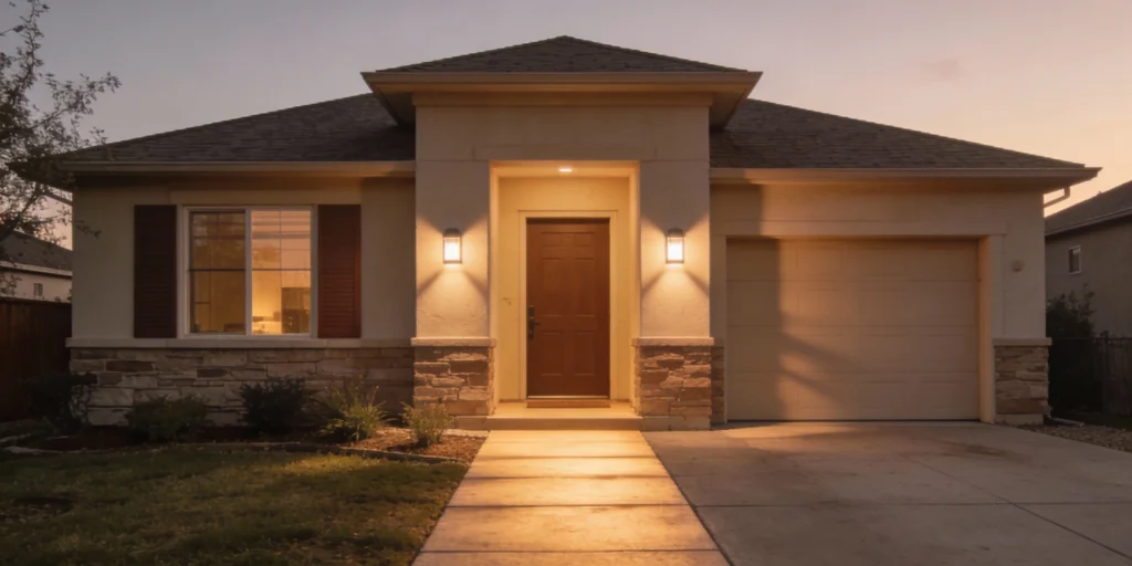 Freepik Suburban House Front Entry At Dusk With Soft Secur 14184